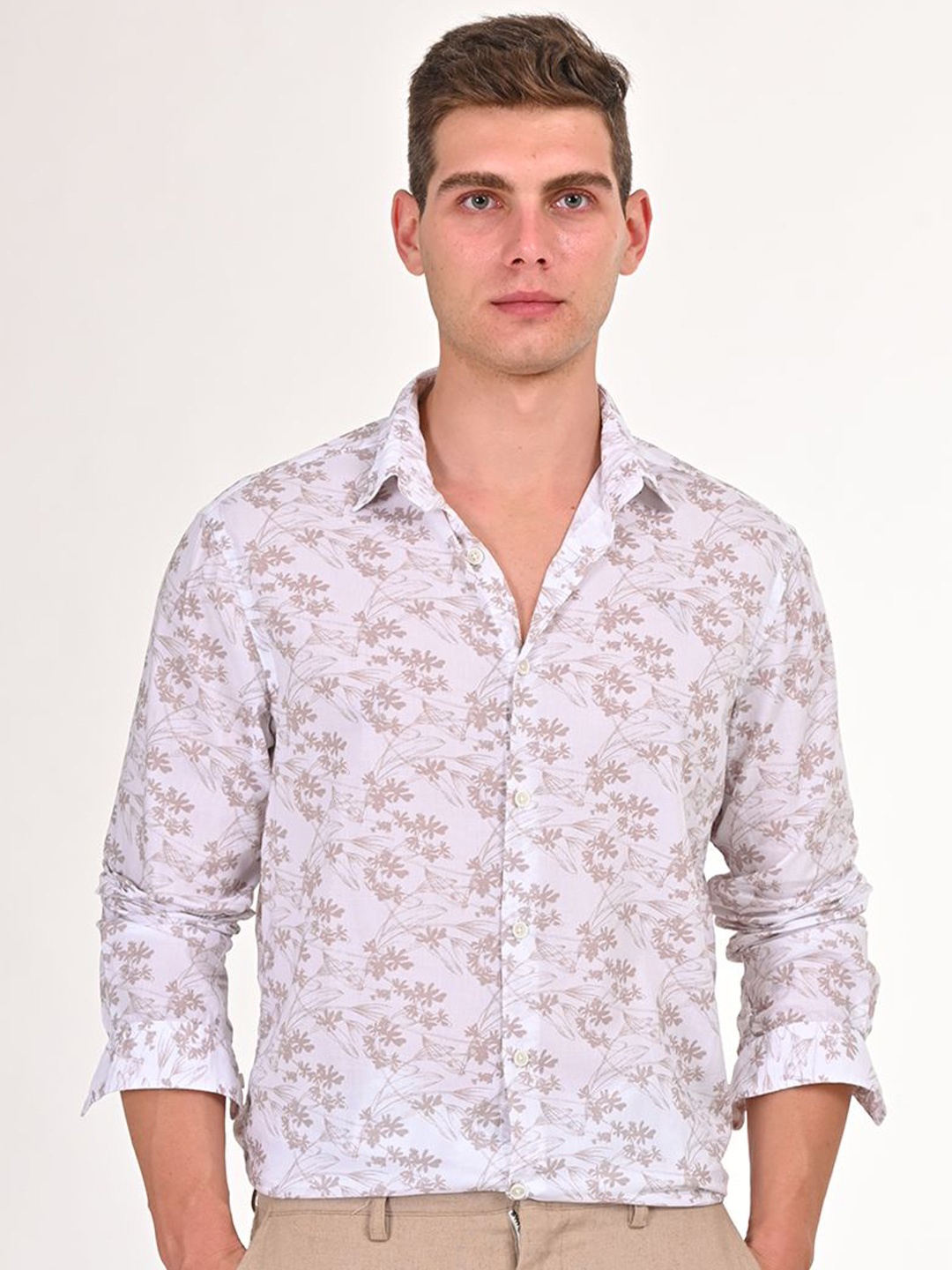 

POE Men Smart Slim Fit Floral Opaque Printed Casual Shirt, Beige