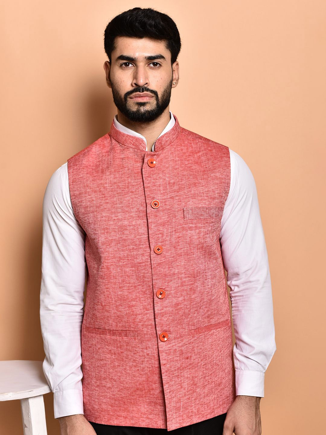 

PRINTCULTR Textured Woven Nehru Jacket, Red