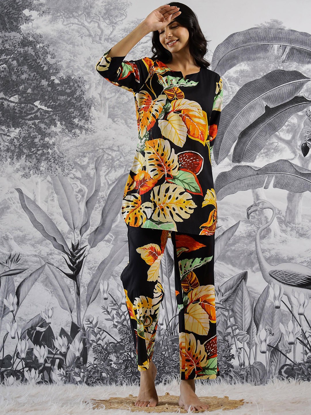 

FLAVIA CREATION Printed Pure Cotton Tunic & Trouser, Black