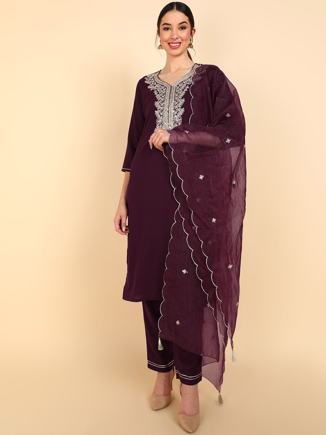 

AHIKA Purple Embroidered Yoke Design Sweetheart Neck Straight Kurta with Trouser & Dupatta