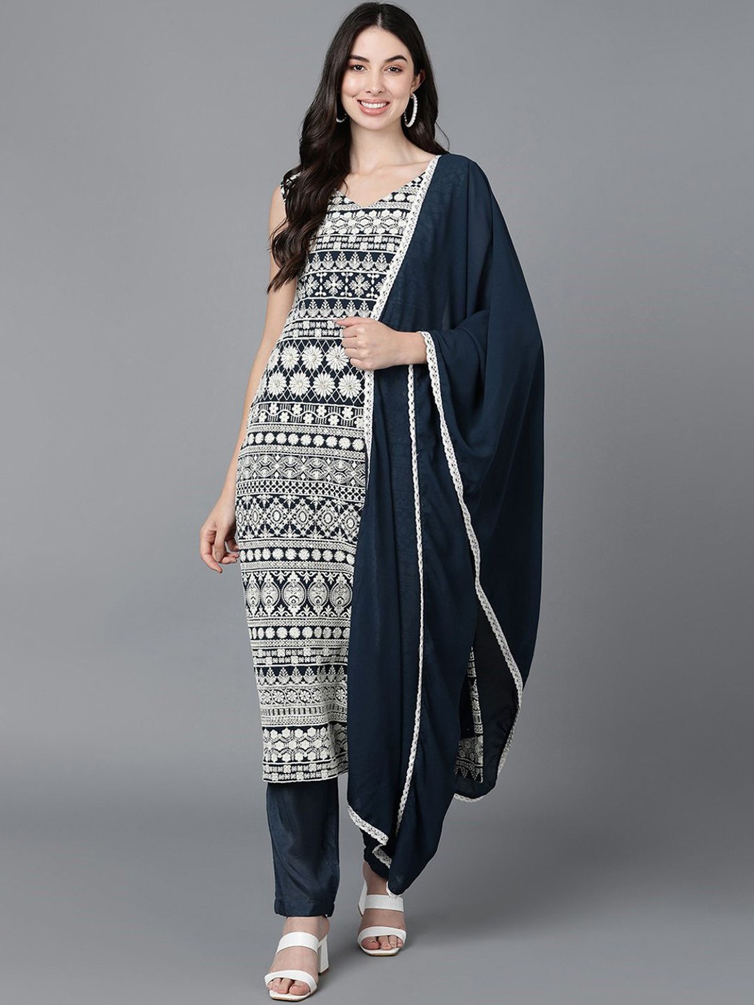 

AHIKA White Ethnic Motifs Printed V-Neck Straight Kurta with Trousers & Dupatta