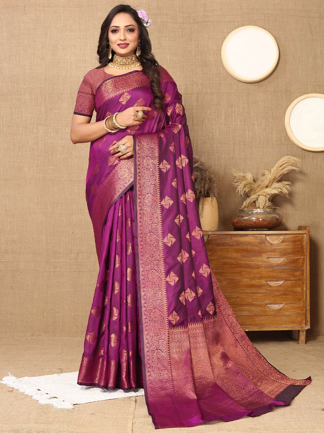 

Zeekha Woven Design Zari Pure Silk Kanjeevaram Saree, Purple