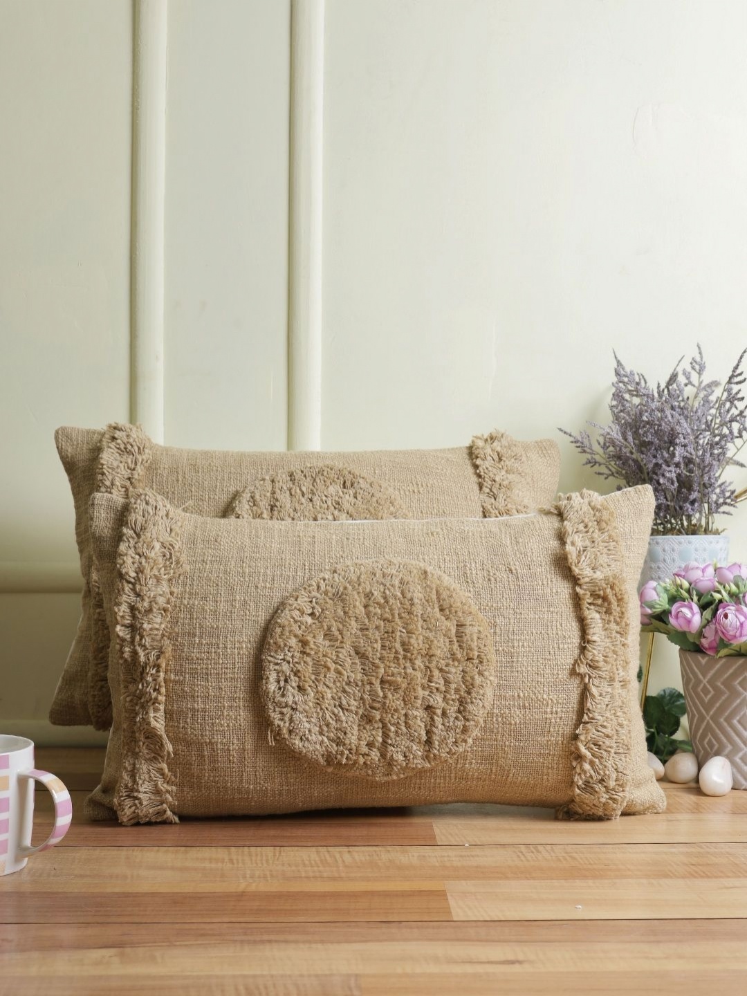

eyda Brown 2 Pieces Textured Rectangle Cotton Cushion Covers