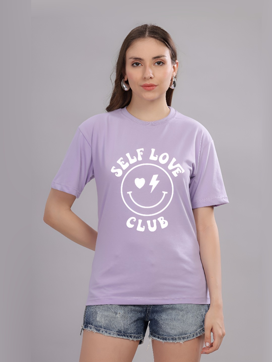 

FALTU.CO Women Printed Drop-Shoulder Sleeves Pure Cotton T-shirt, Lavender
