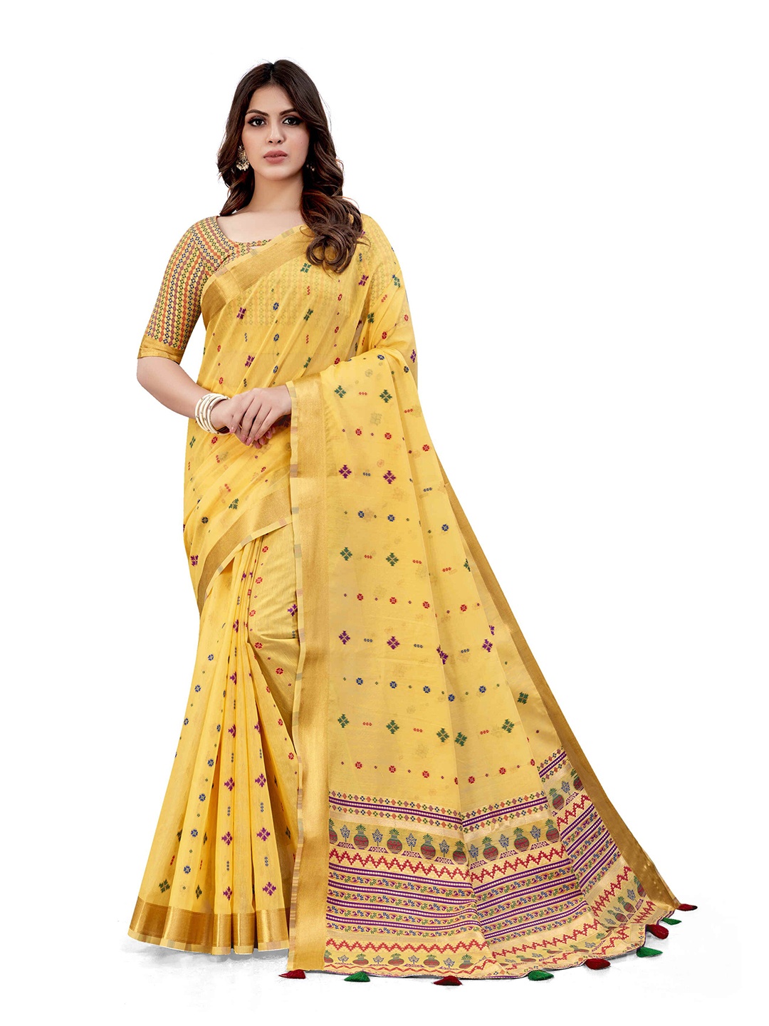 

SARHA Woven Design Printed Zari Pure Cotton Celebrity Saree, Yellow