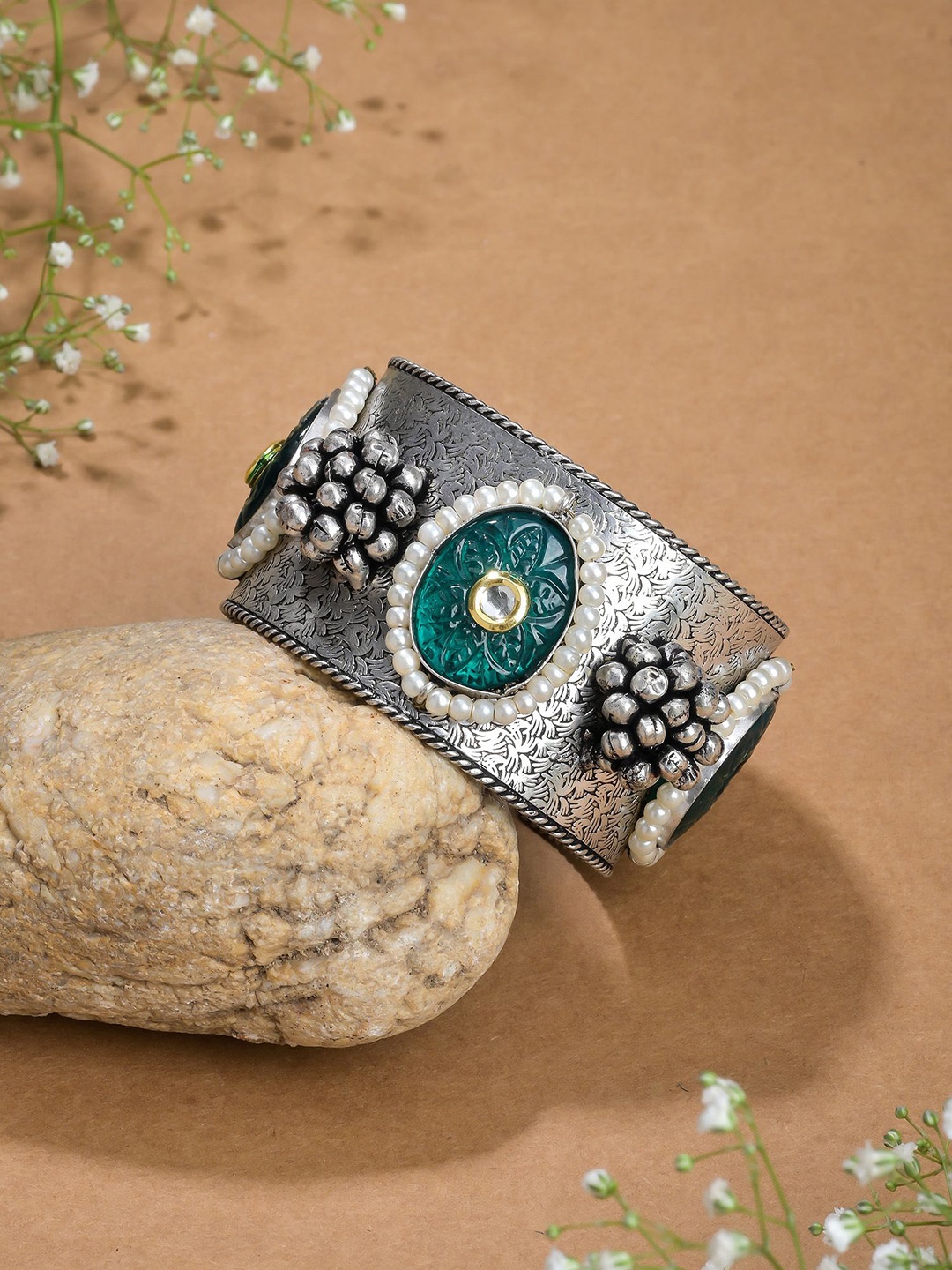 

Designbox Women Kundan Oxidised Cuff Bracelet, Silver