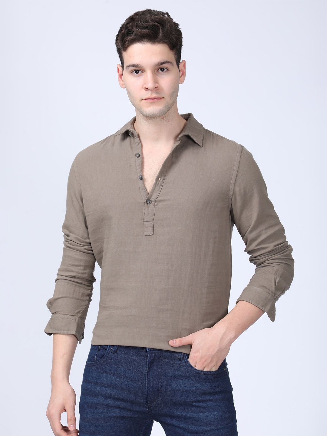 

POE Men Smart Slim Fit Opaque Casual Shirt, Khaki
