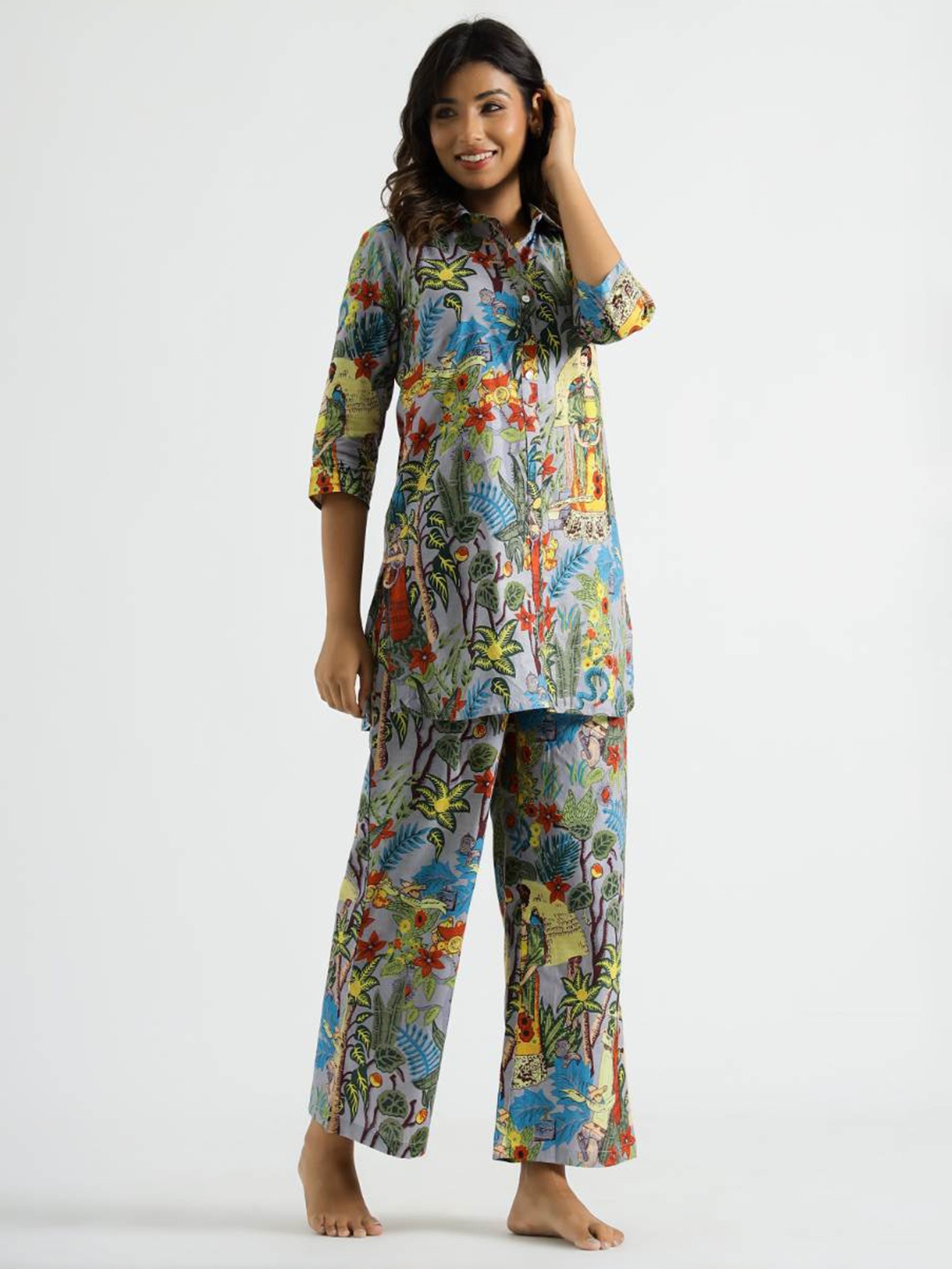 

FLAVIA CREATION Floral Printed Pure Cotton Shirt Collar Tunic & Trousers, Grey