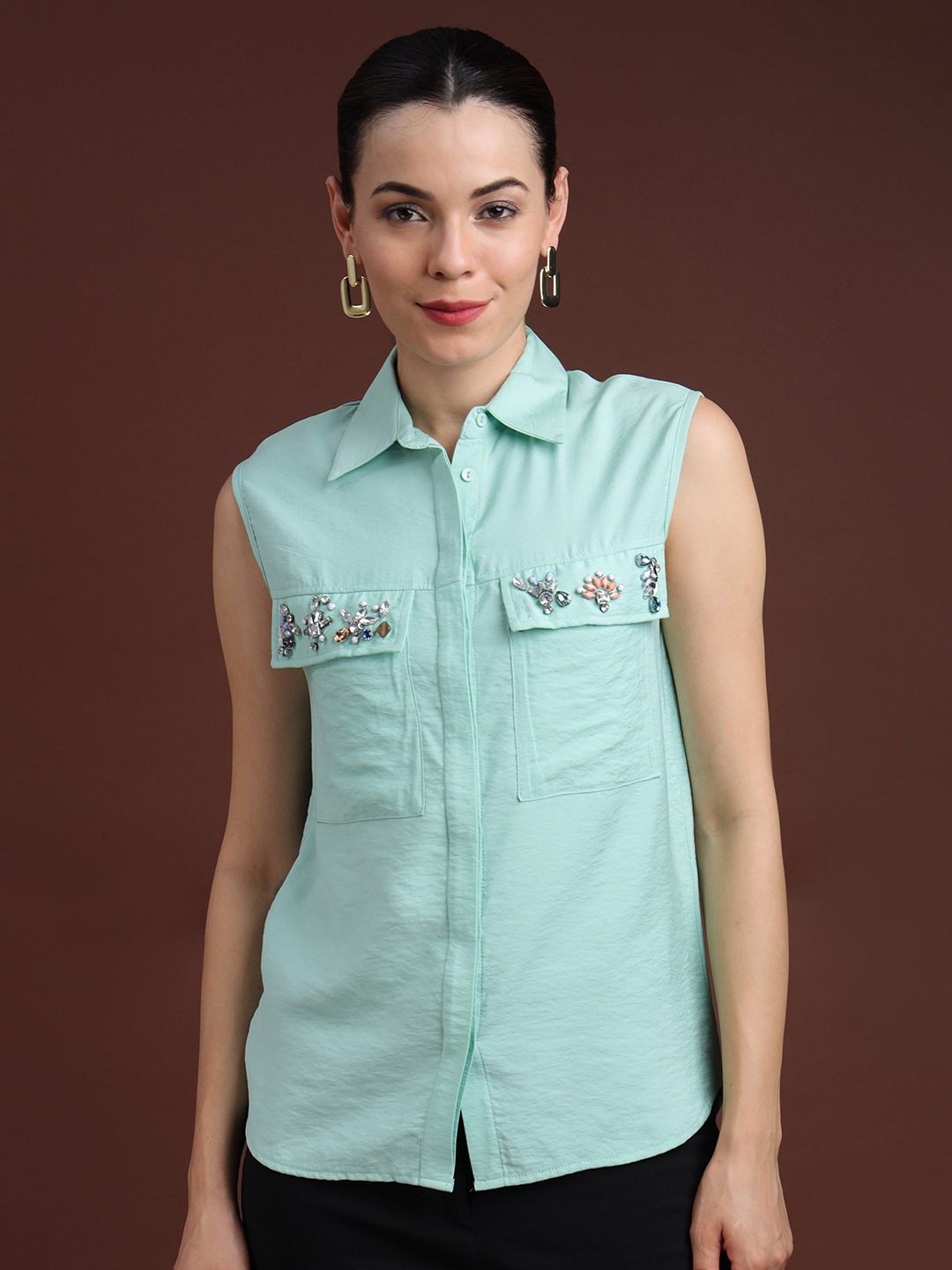 

Fashion Gaiia Women Comfort Spread Collar Solid Party Shirt, Lime green