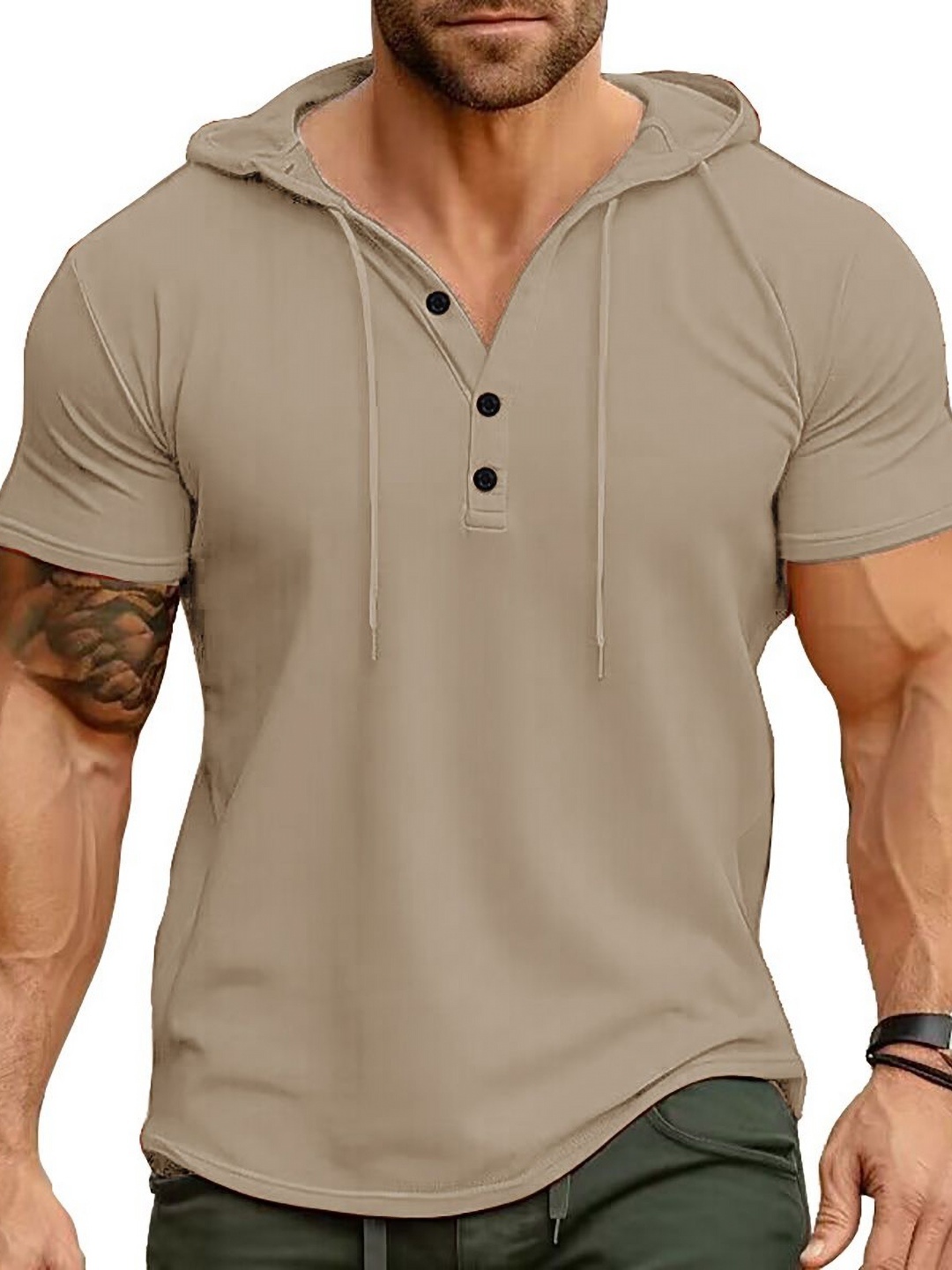 

StyleCast x Revolte Men Solid Hood Cotton T-shirt, Khaki