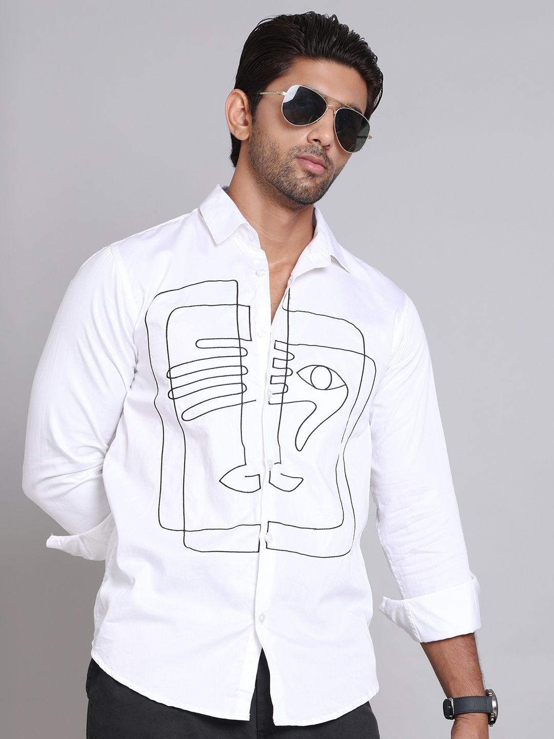 

Indian Needle Men Classic Spread Collar Abstract Printed Cotton Casual Shirt, White