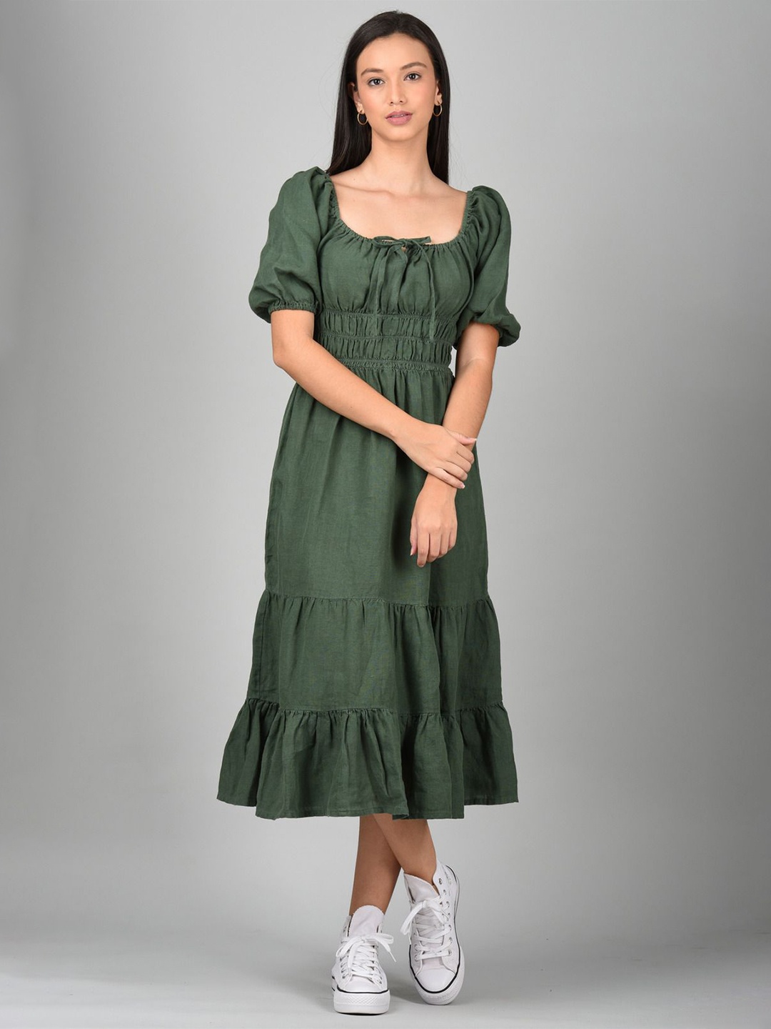 

Linen Options Women Solid Puff Sleeve A-Line Midi Dress, Green