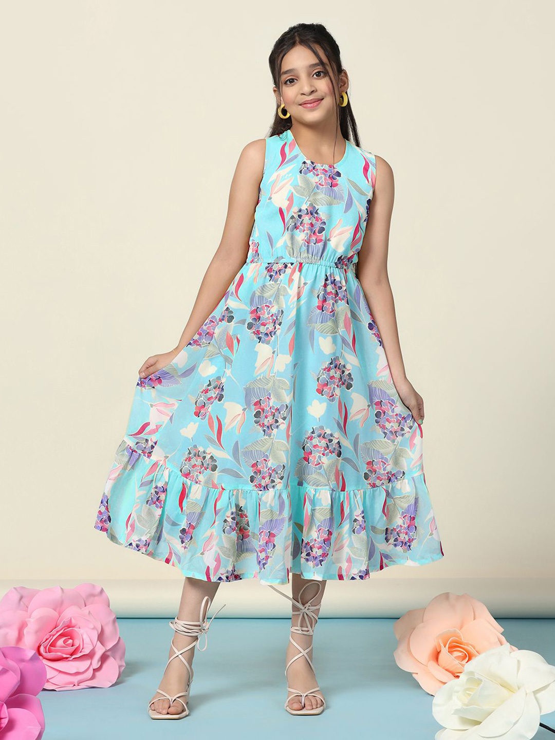 

FASHION DREAM Girl Floral Print Fit & Flare Midi Dress, Blue