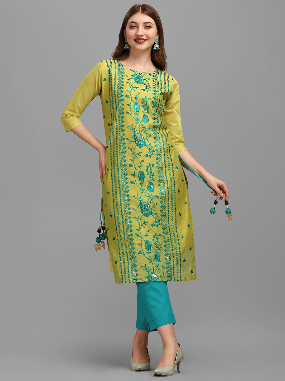 

CLIW Ethnic Motifs Embroidered Kurta, Lime green