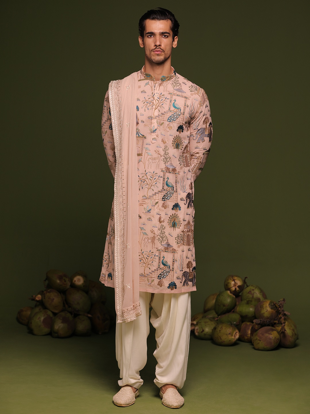 

KALPRAAG Ethnic Motifs Embroidered Mandarin Collar Straight Kurta with Patiala & Dupatta, Peach