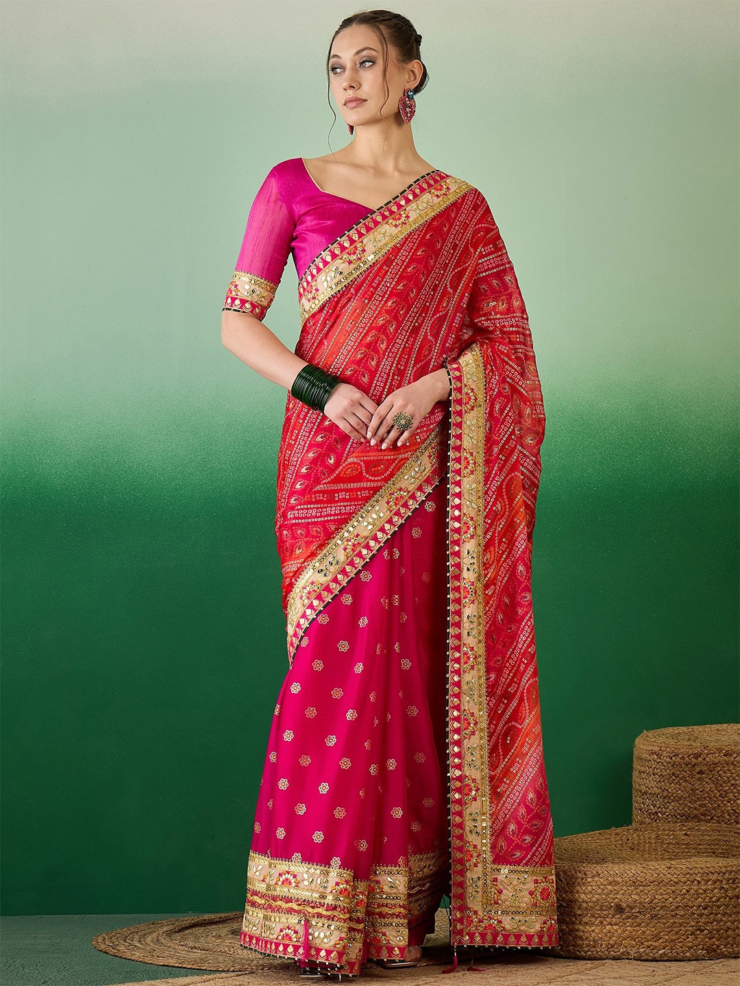 

Mitera Bandhani Embroidered Pure Chiffon Half and Half Bandhani Saree, Pink