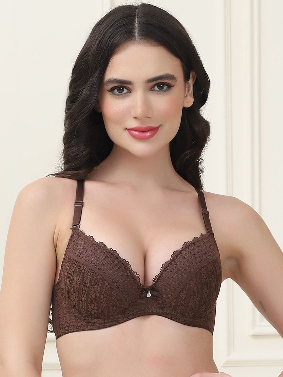 

PrettyCat Women Floral Medium Coverage Underwired Lightly Padded Bra, Brown