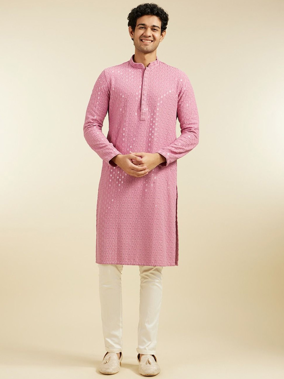 

Diwas by Manyavar Chikankari Embroidered & Sequinned Mandarin Collar Kurta, Pink