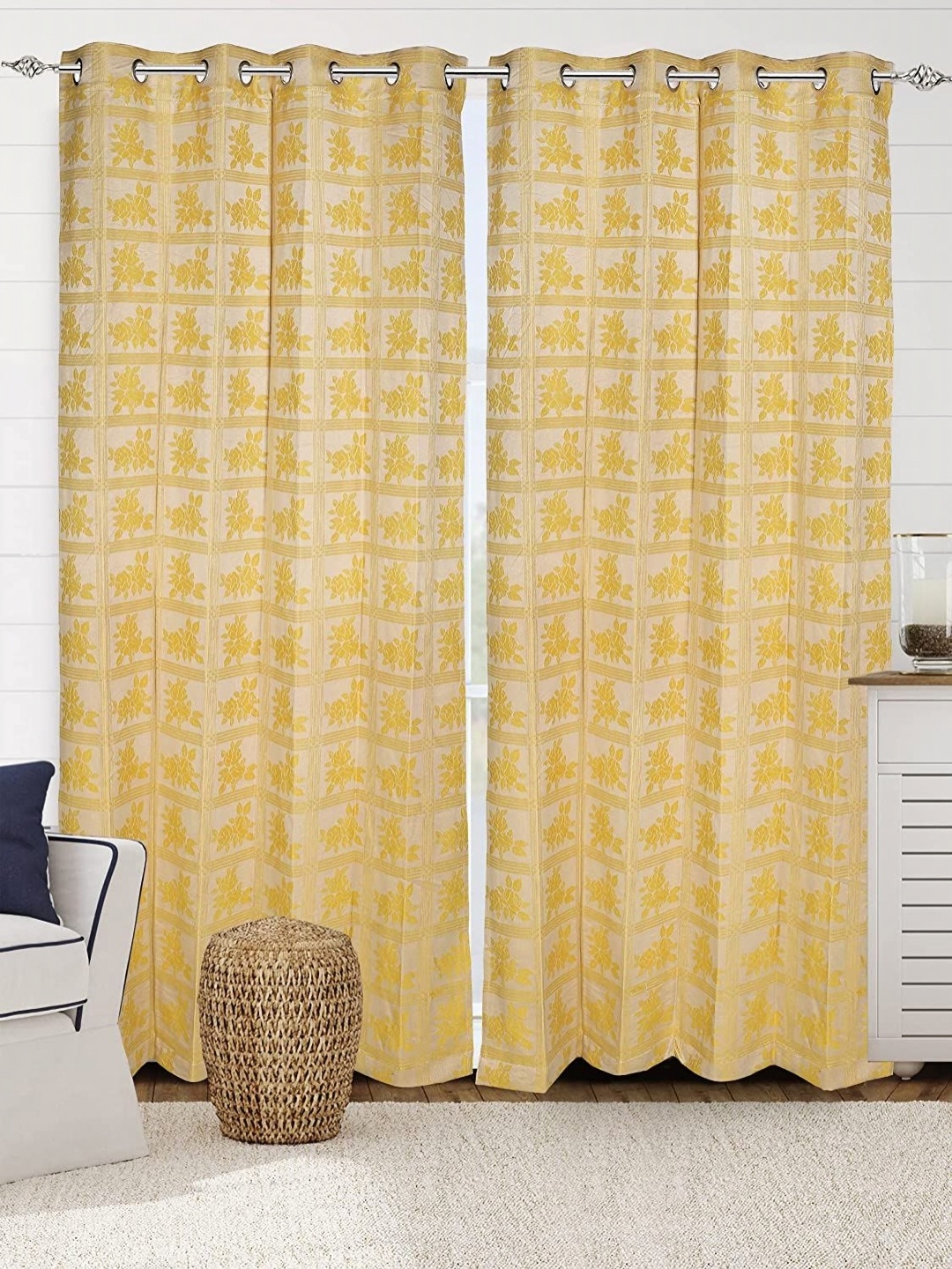 

Saral Home Beige & Mustard 2 Pieces Floral Room Darkening Long Door Curtain