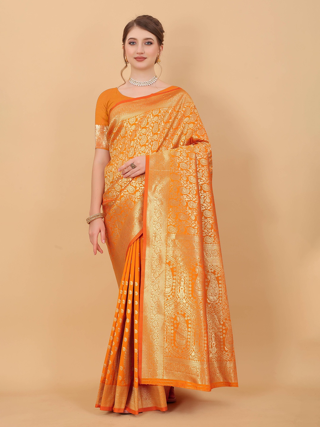 

Zeekha Woven Design Zari Pure Silk Kanjeevaram Saree, Orange