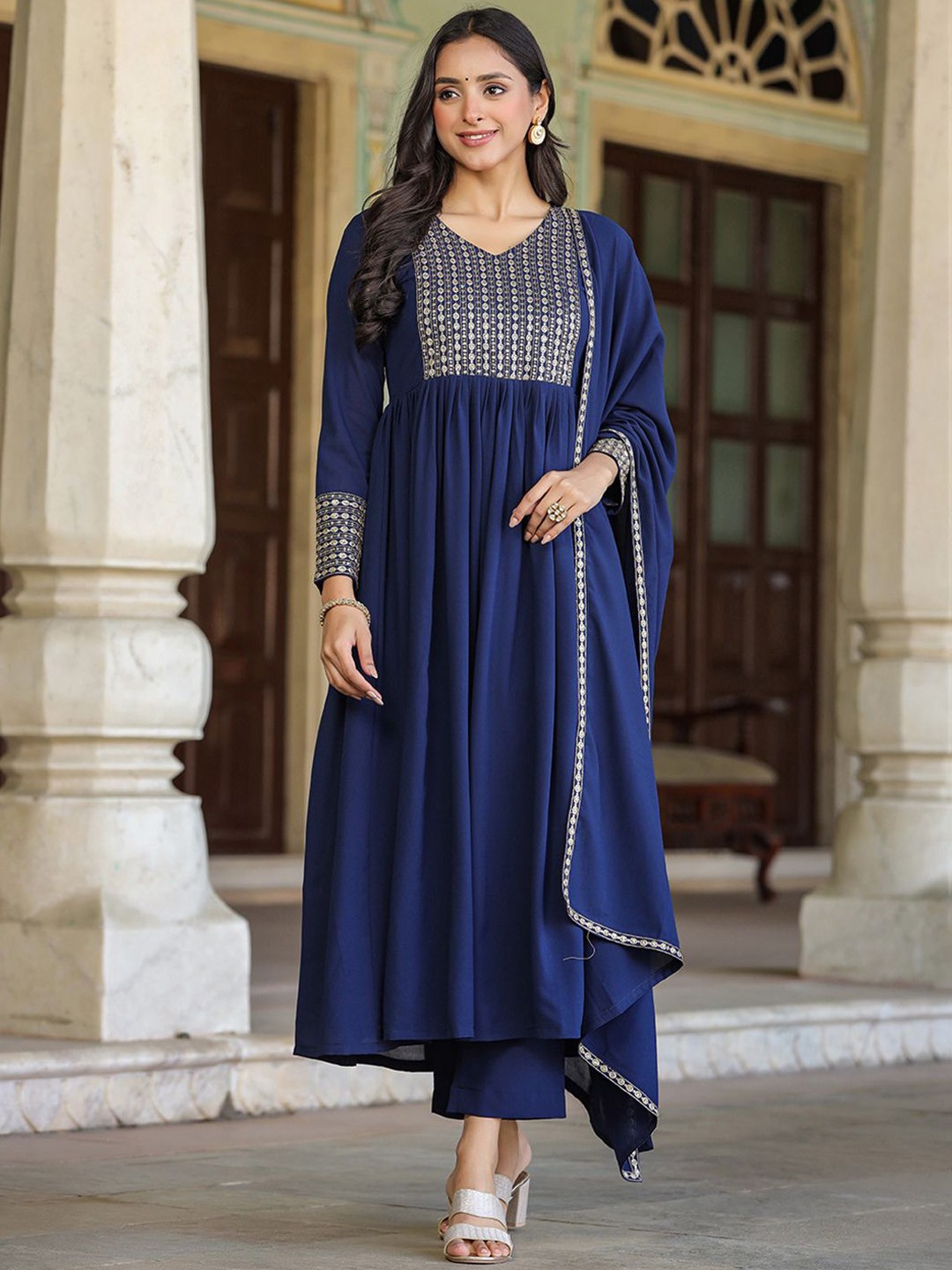 

AHIKA Geometric Yoke Design Empire Sequinned Anarkali Kurta with Trousers & Dupatta, Navy blue