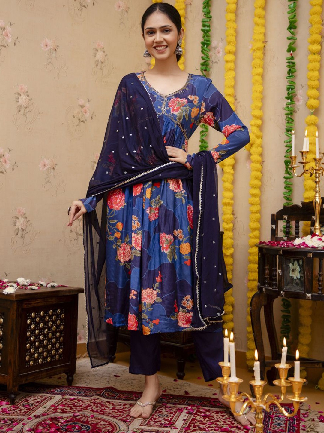 

Chandbaali Floral Embroidered Empire Silk Crepe A-Line Kurta with Trousers & Dupatta, Blue