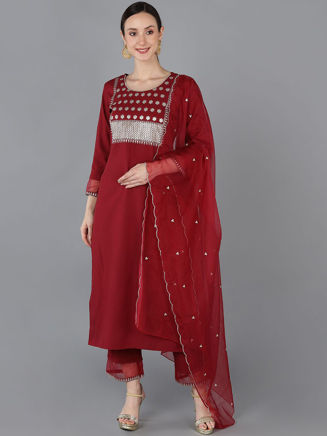 

AHIKA Floral Embroidered Regular Sequinned Straight Kurta with Trousers & Dupatta, Red