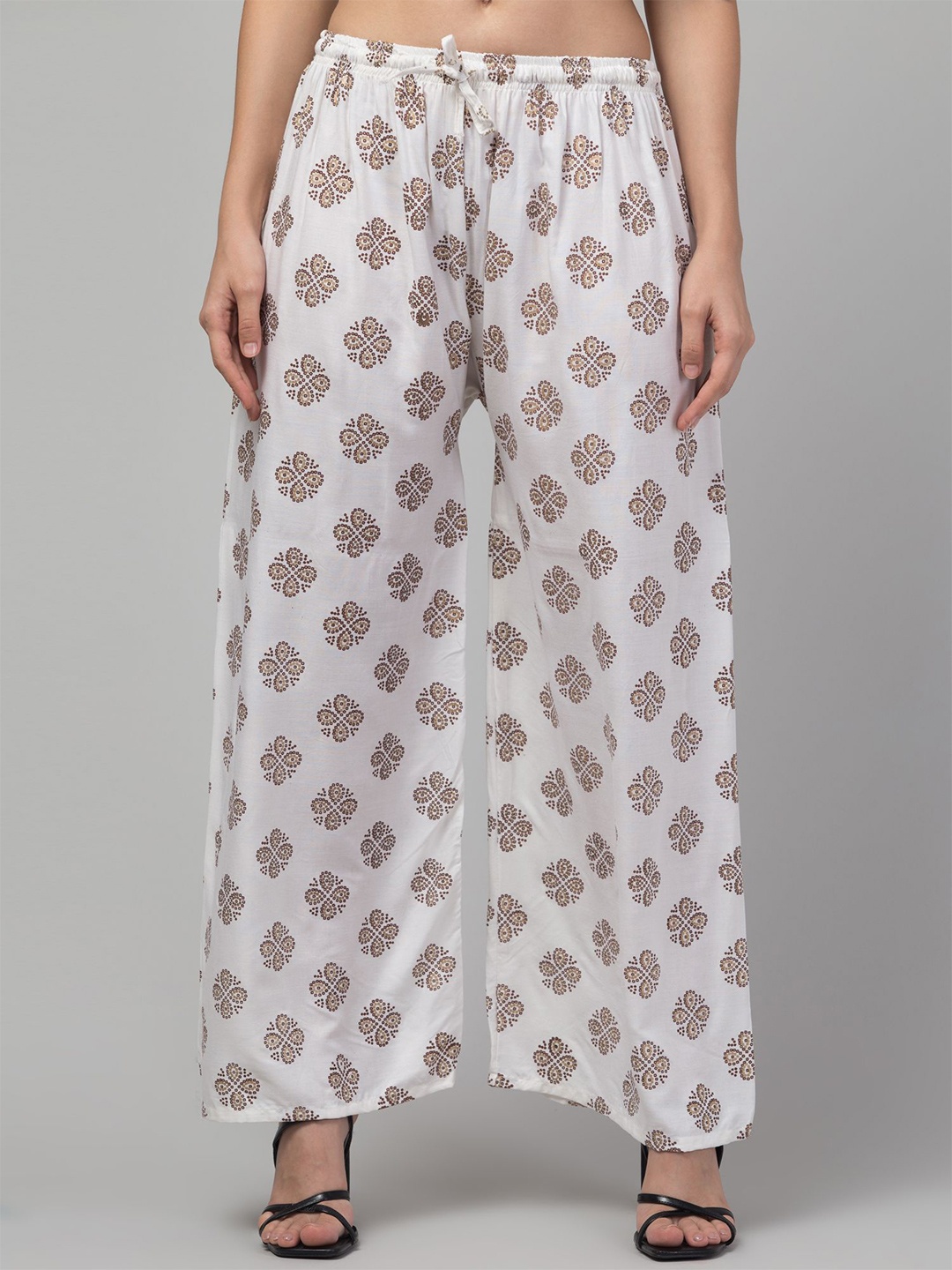 

FAMBEE Women Printed Flared Knitted Palazzos, Cream