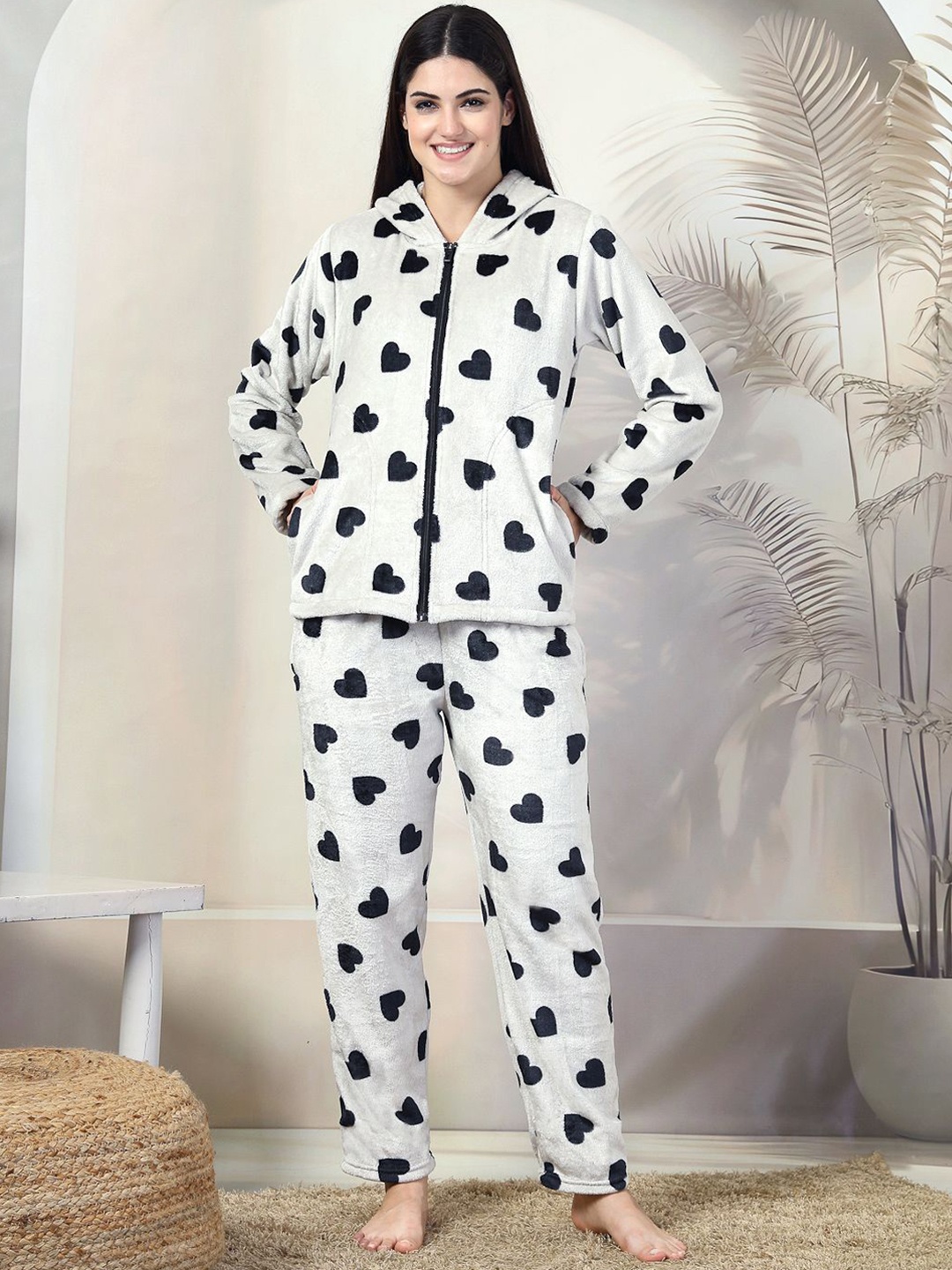

FABINALIV Abstract Hooded Winter Night Suit with Zip Closure, White