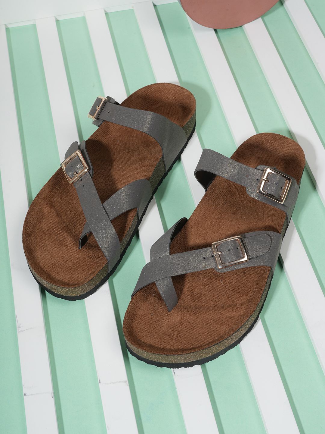 

MOZAFIA Women Open Toe Flats with Buckles, Grey