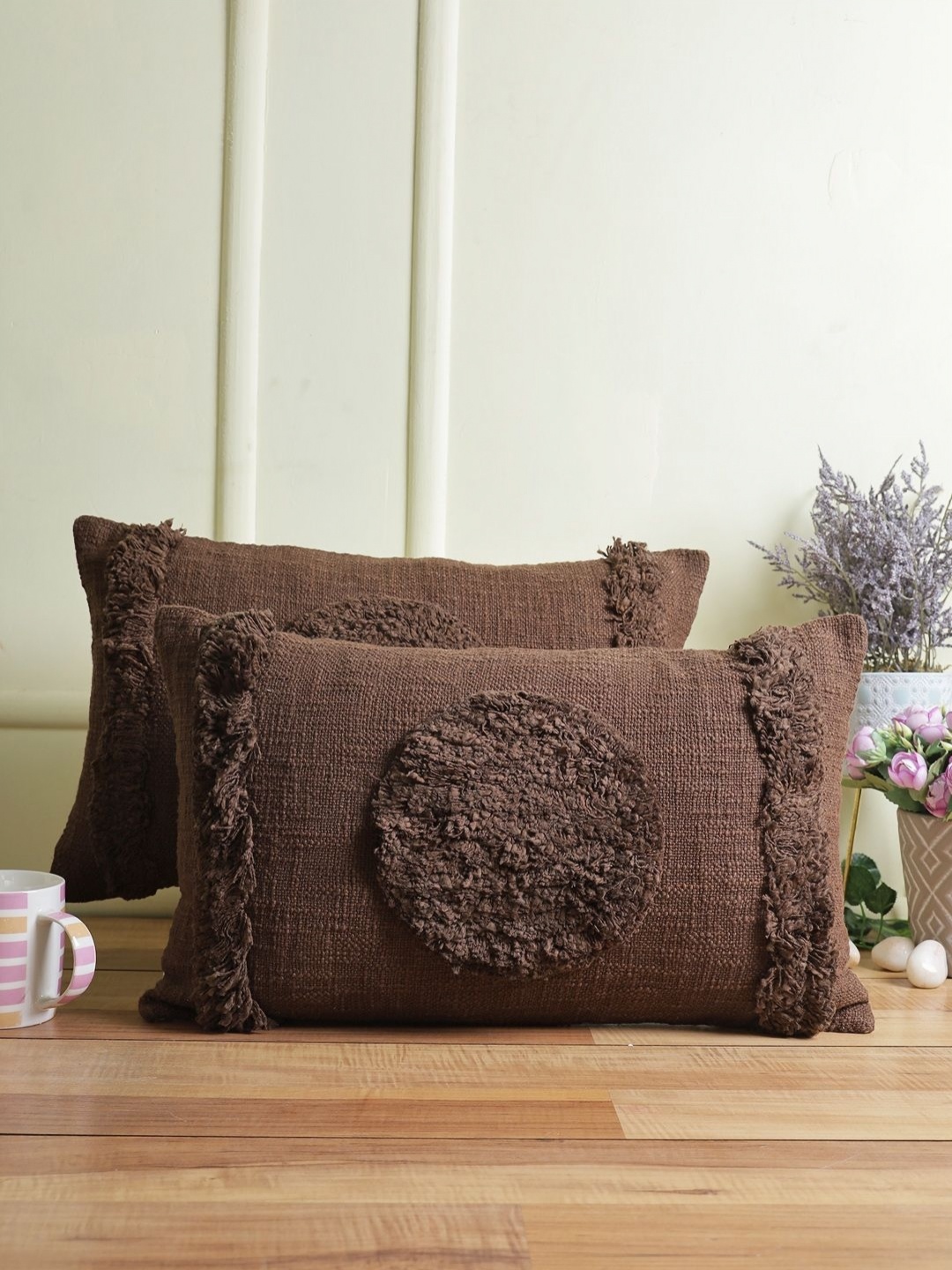 

eyda Brown 2 Pieces Embroidered Cotton Rectangle Cushion Covers