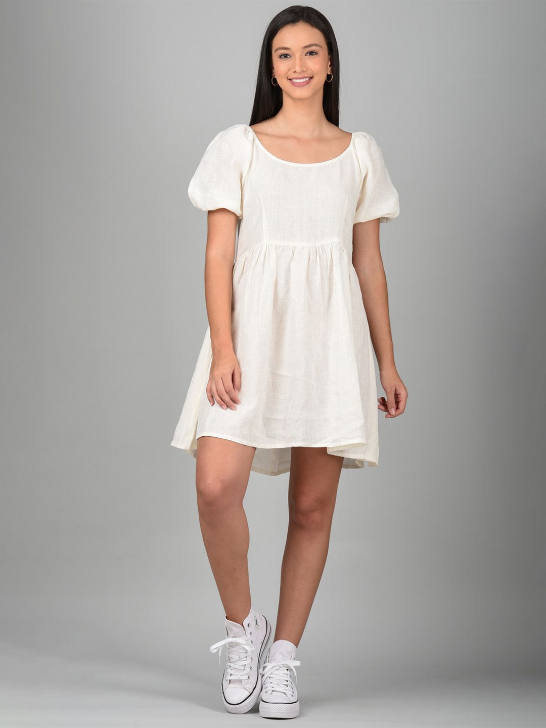 

Linen Options Women Round Neck Self Design Fit & Flare Dress, Off white