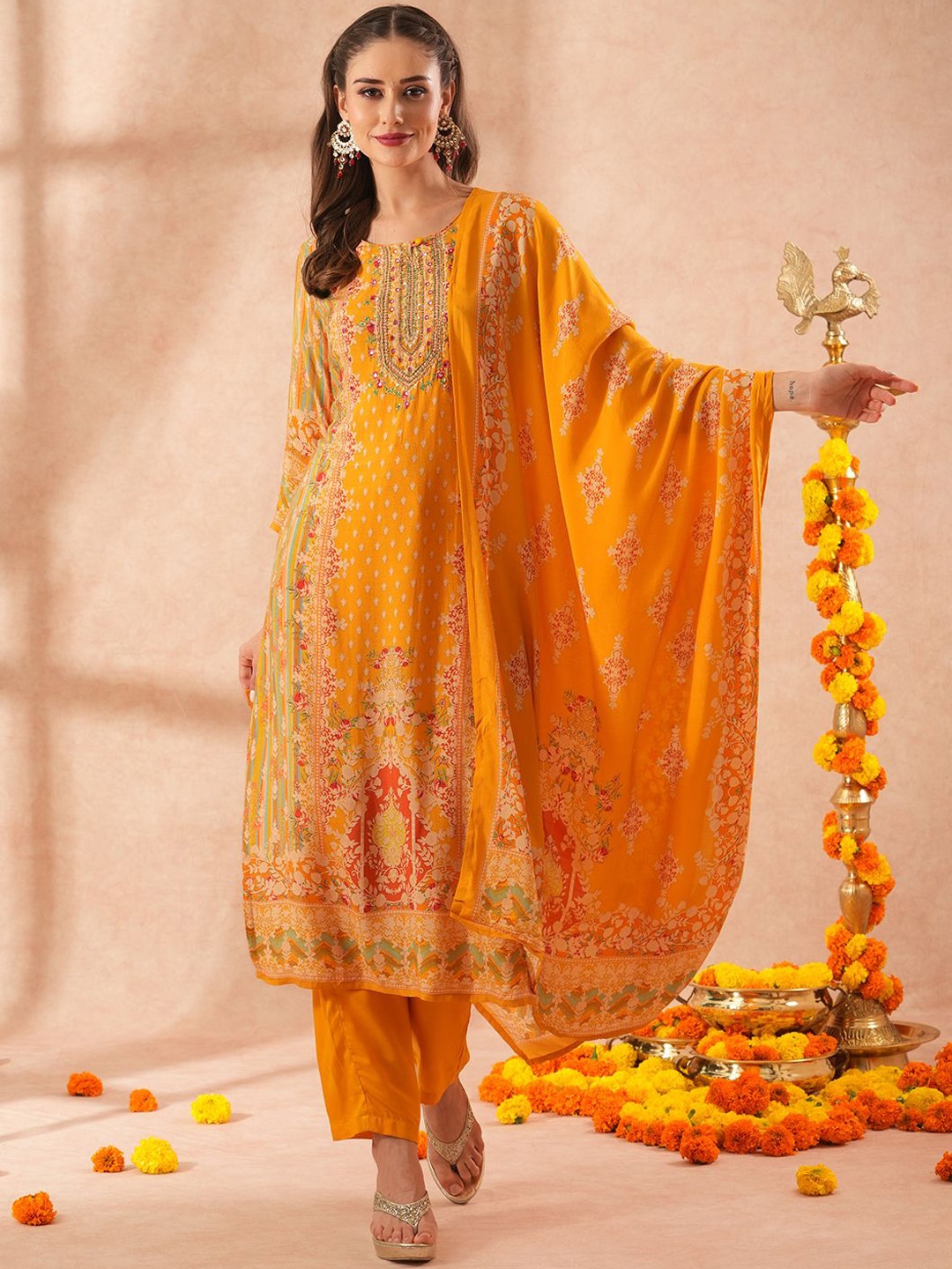 

FASHOR Floral Printed Mirror Work Straight Kurta With Trousers & Dupatta, Yellow