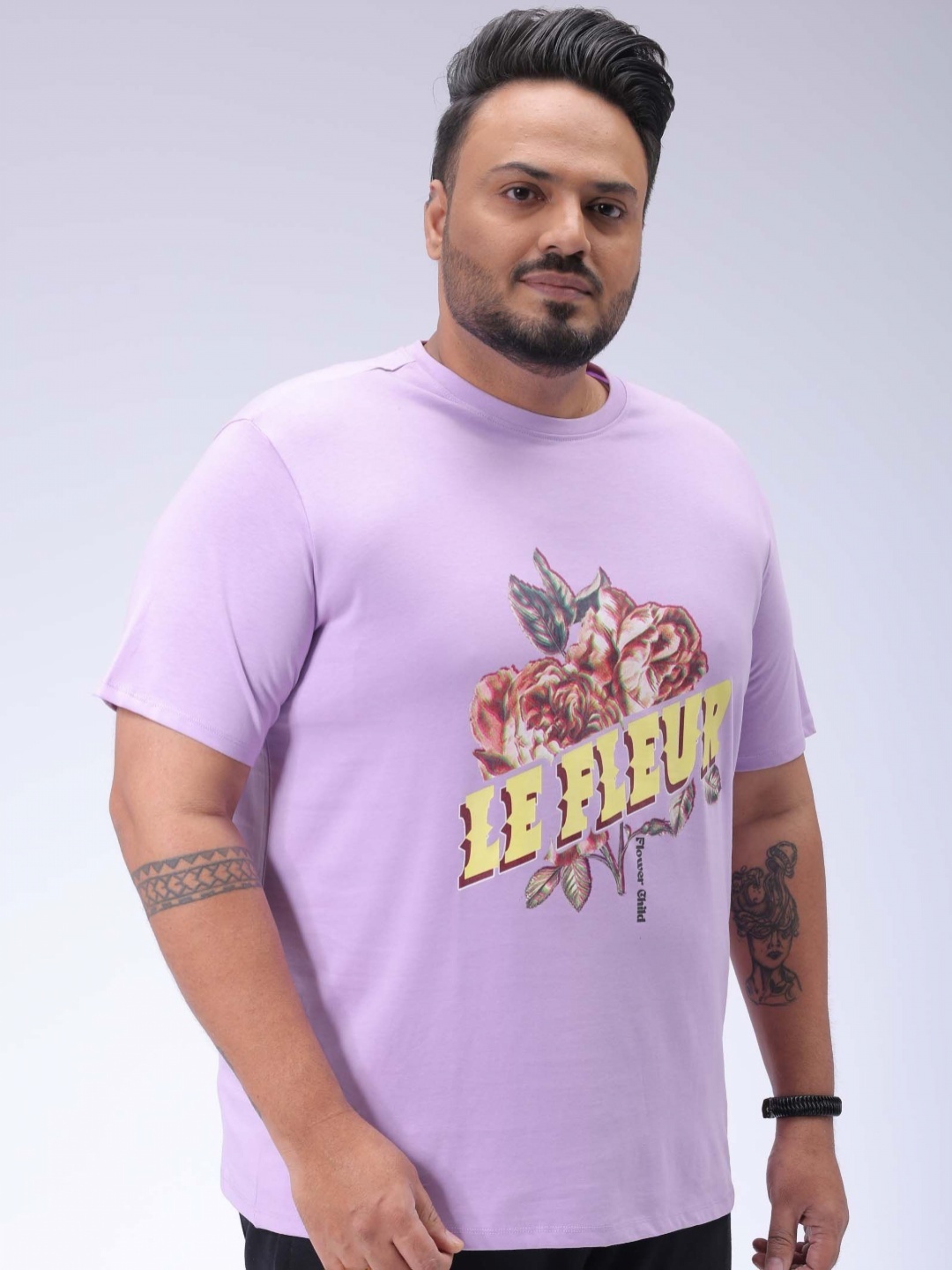 

Hardsoda by The Indian Garage Co Men Plus Size Graphic Printed Round Neck Cotton T-shirt, Lavender