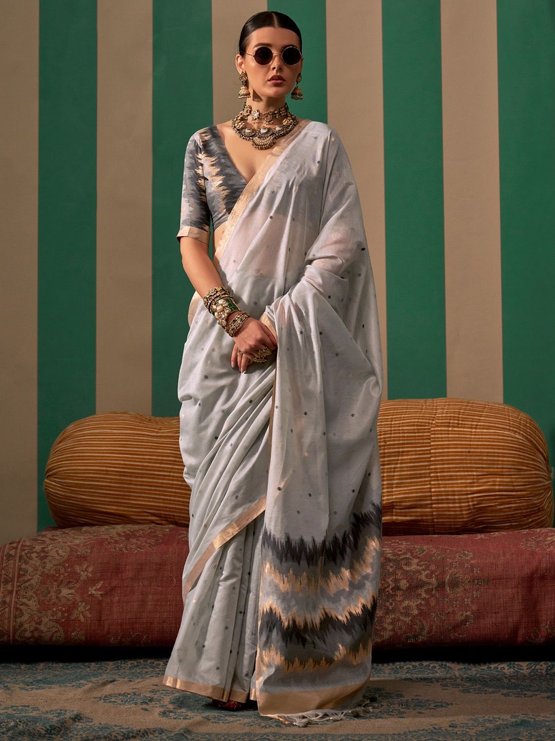 

Saree mall Woven Design Zari Ikat Sarees, Grey