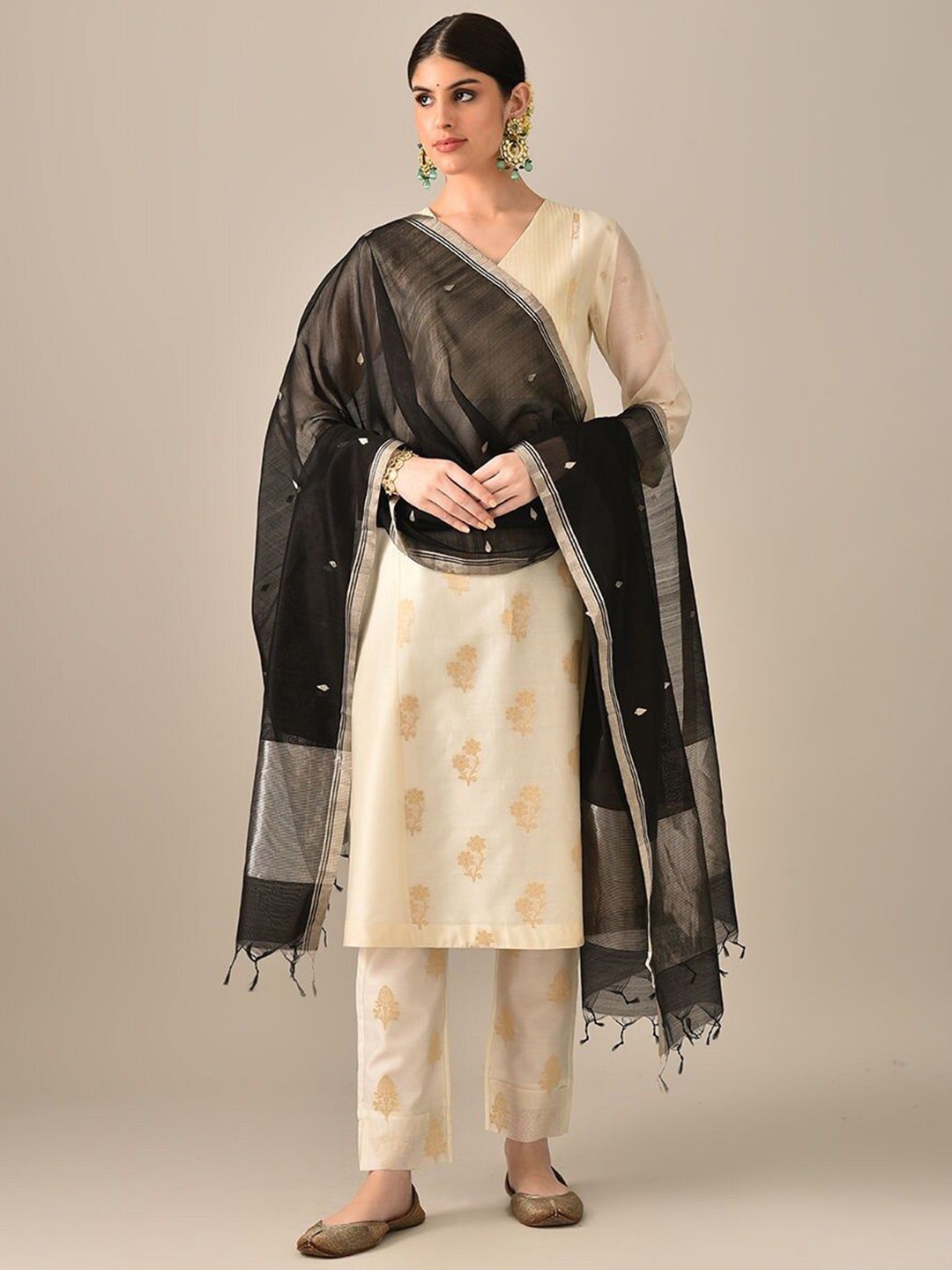 

JAYPORE Woven Design Cotton Silk Dupatta with Zari, Black