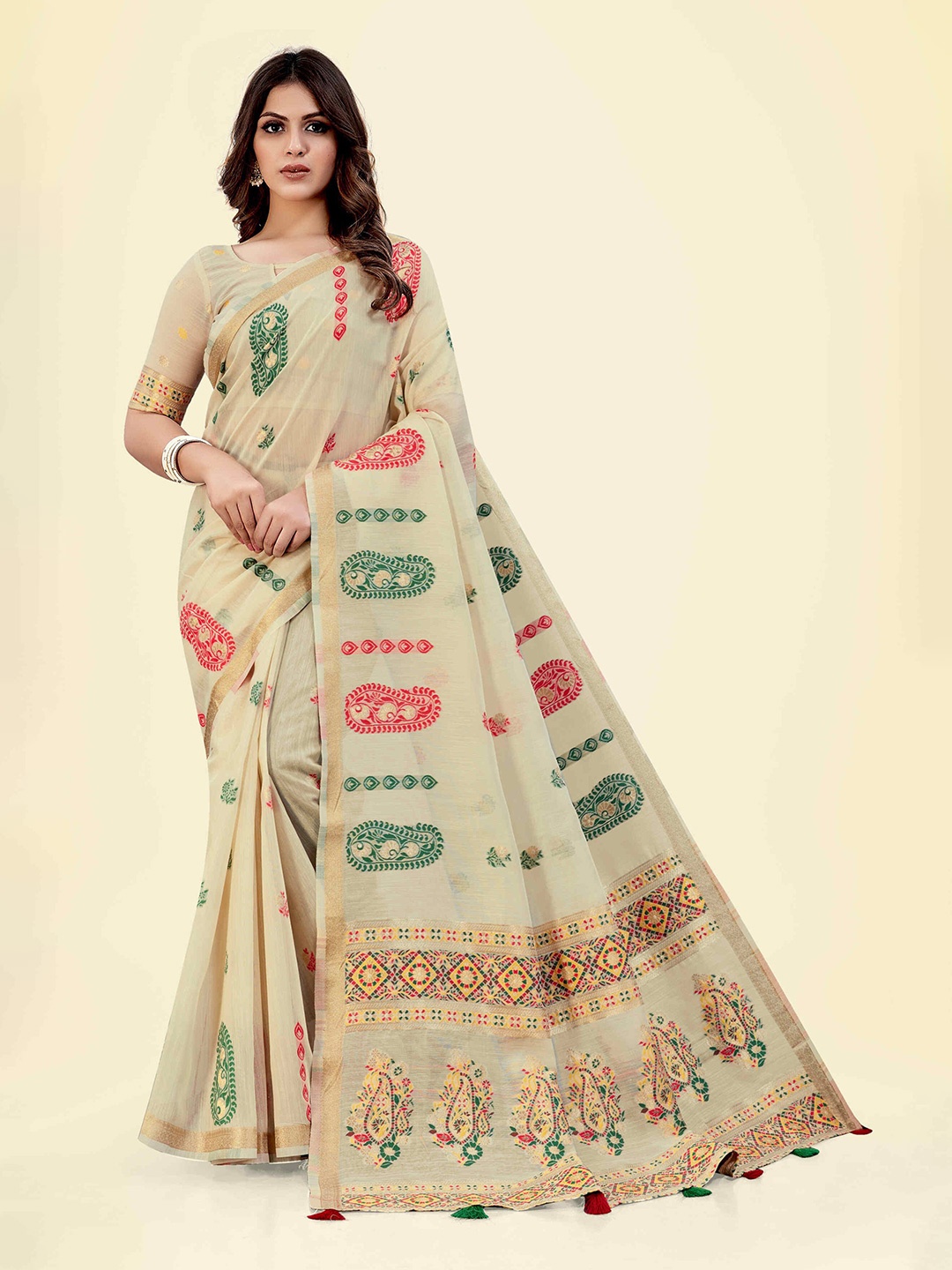 

SARHA Ethnic Motifs Zari Pure Cotton Saree, Cream