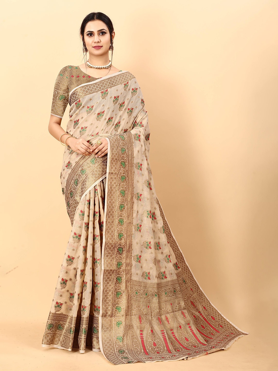 

Zeekha Woven Design Zari Pure Silk Kanjeevaram Saree, Cream