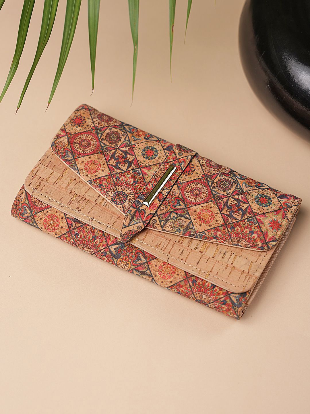 

SAZARA Printed Foldover Clutch, Beige