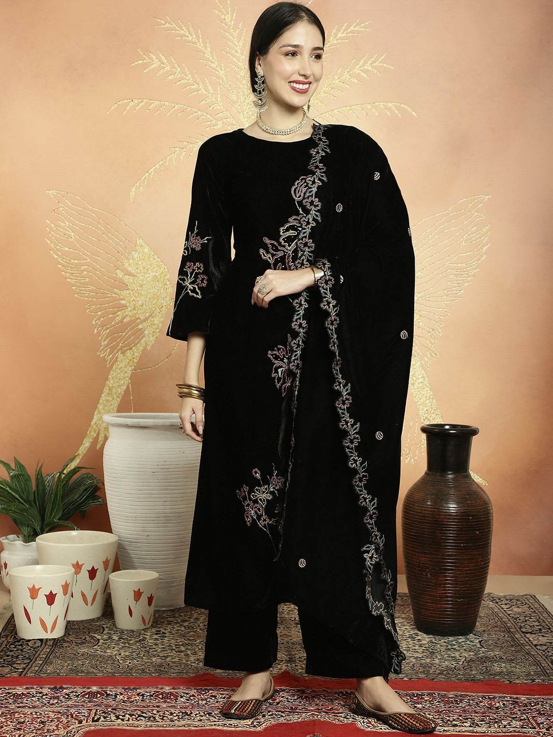 

Stylee LIFESTYLE Women Floral Embroidered Regular Zardozi Velvet Kurta with Palazzos & With Dupatta, Black