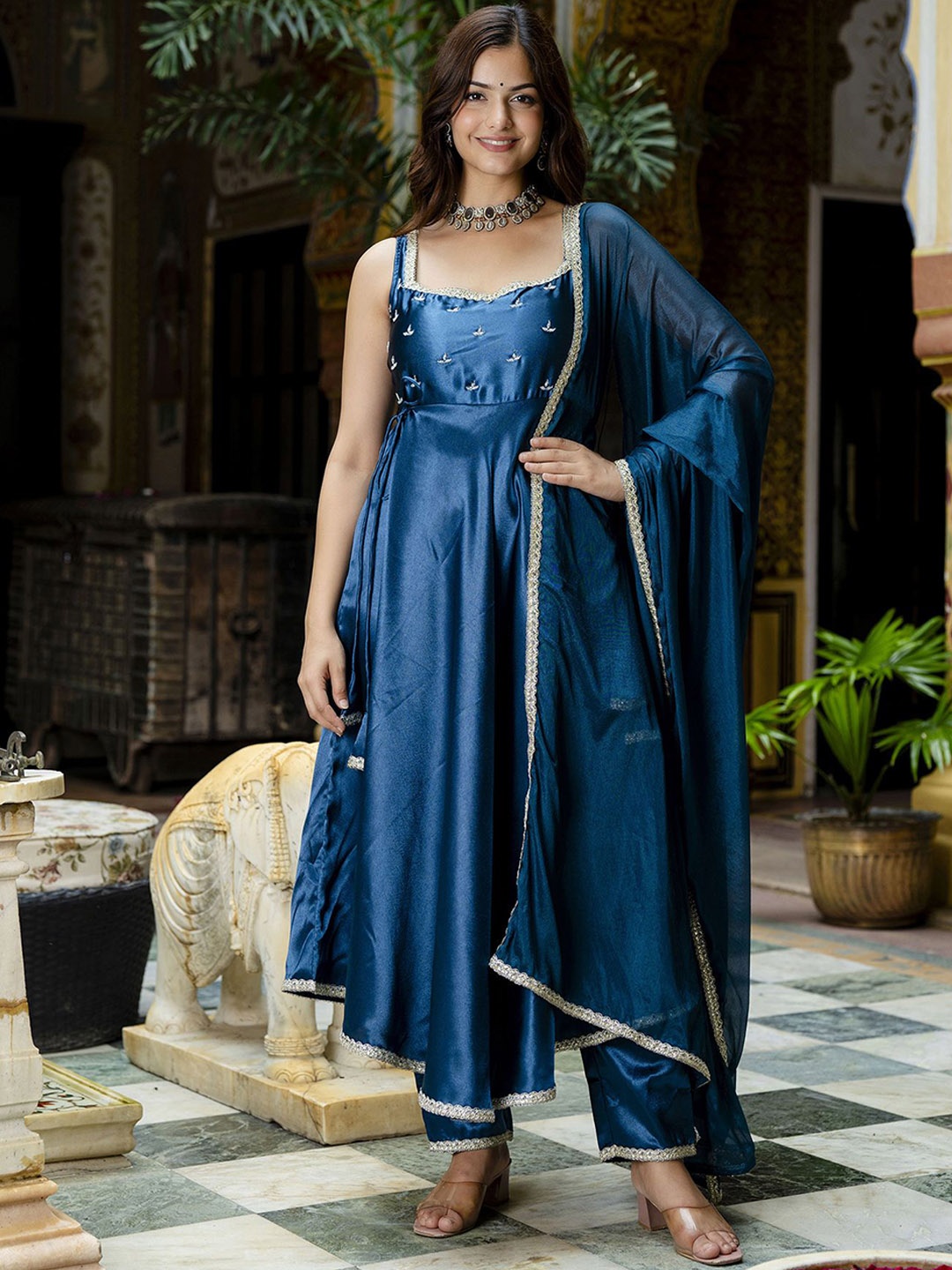 

Anouk Women Embroidered Empire Beads and Stones Kurta with Trousers & With Dupatta, Blue
