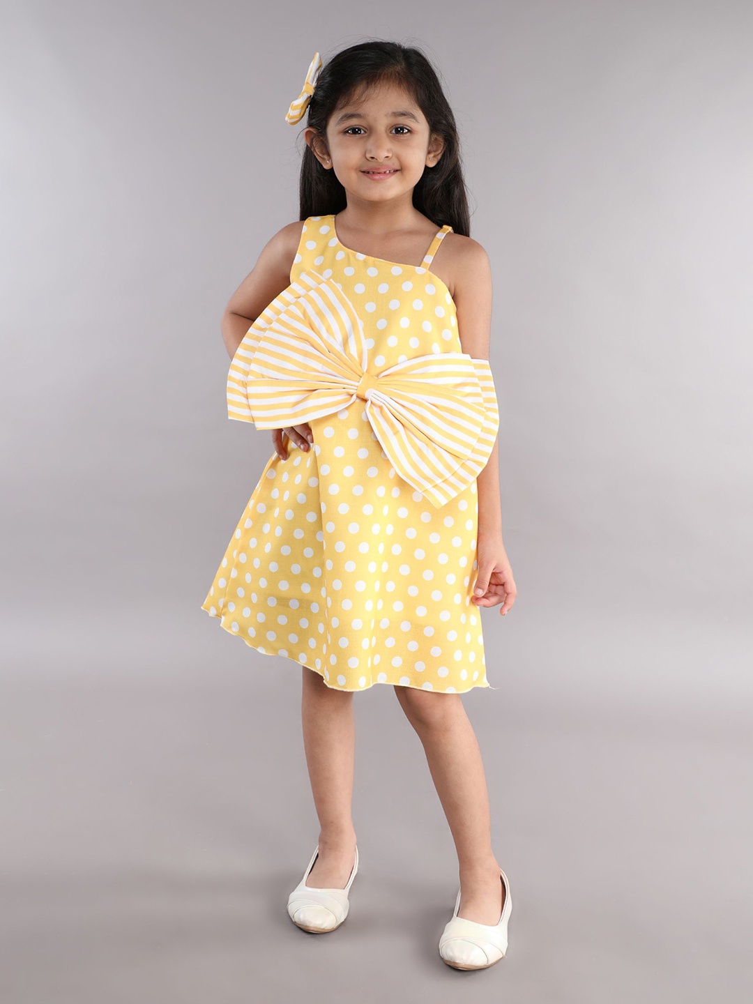 

Pink Chick Polka Dot Print One Shoulder A-Line Dress, Yellow