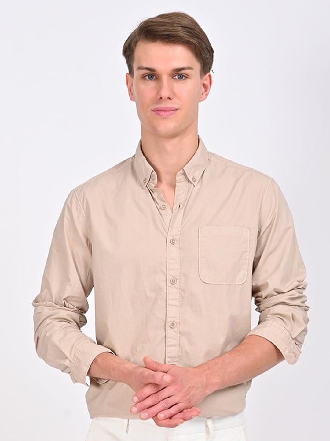 

POE Men Smart Slim Fit Opaque Casual Shirt, Beige