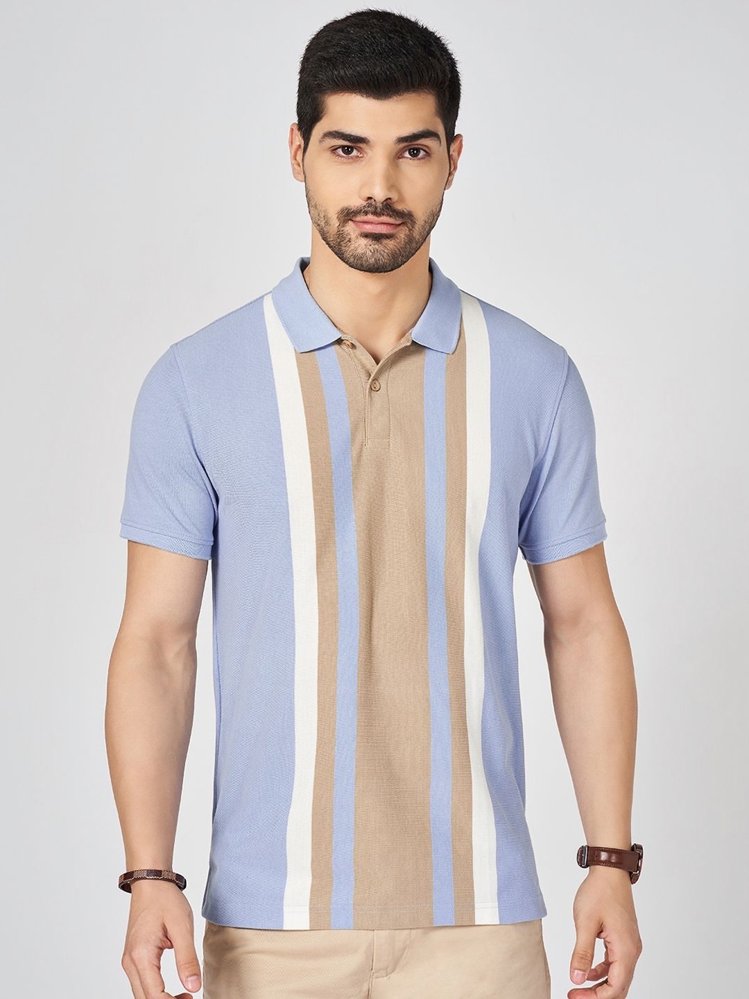 

BYFORD by Pantaloons Men Striped Polo Collar Cotton Slim Fit T-shirt, Blue