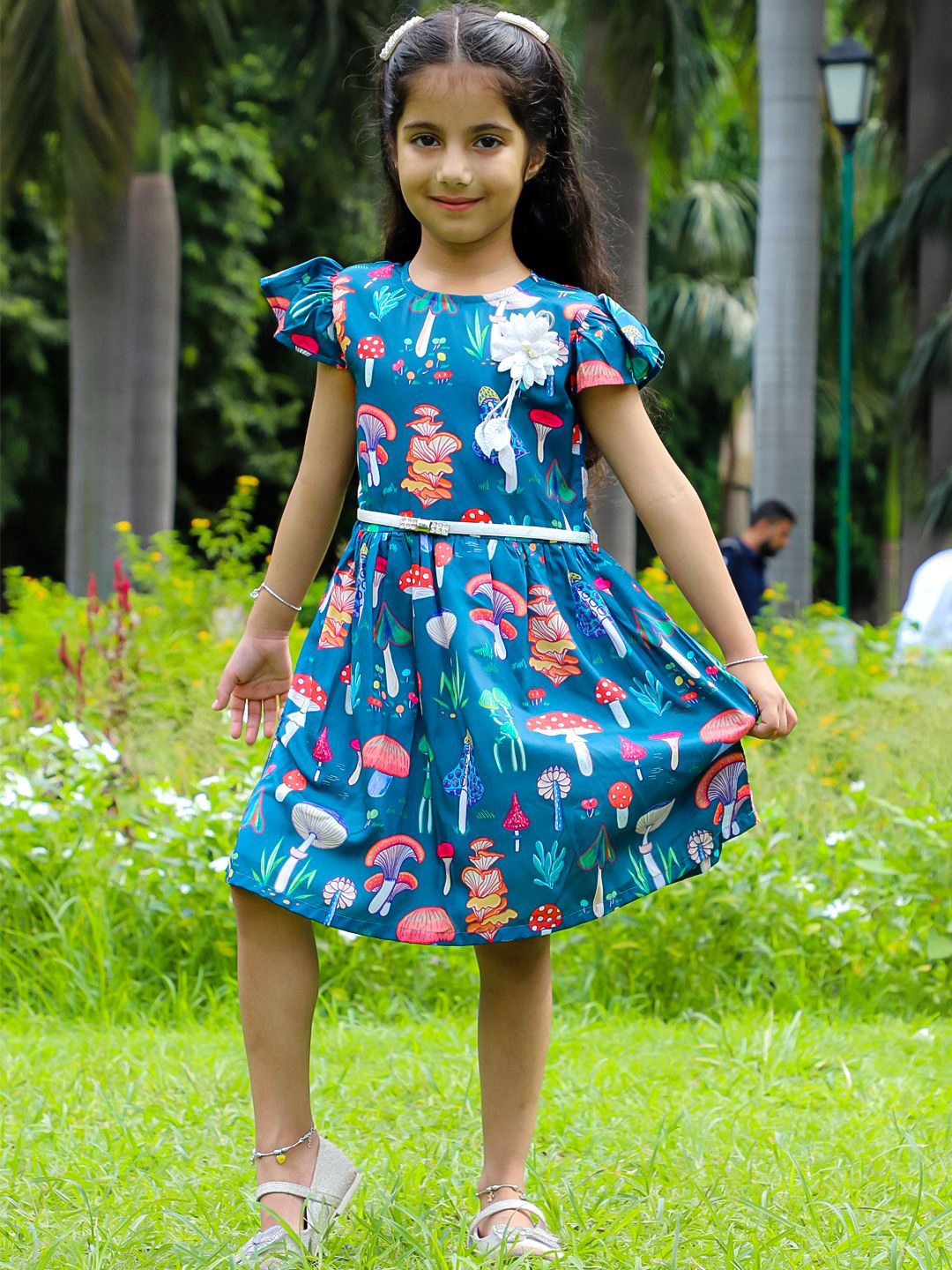 

Stuffie Land Girls Floral Printed Cotton Flutter Sleeve A-Line Dress, Blue