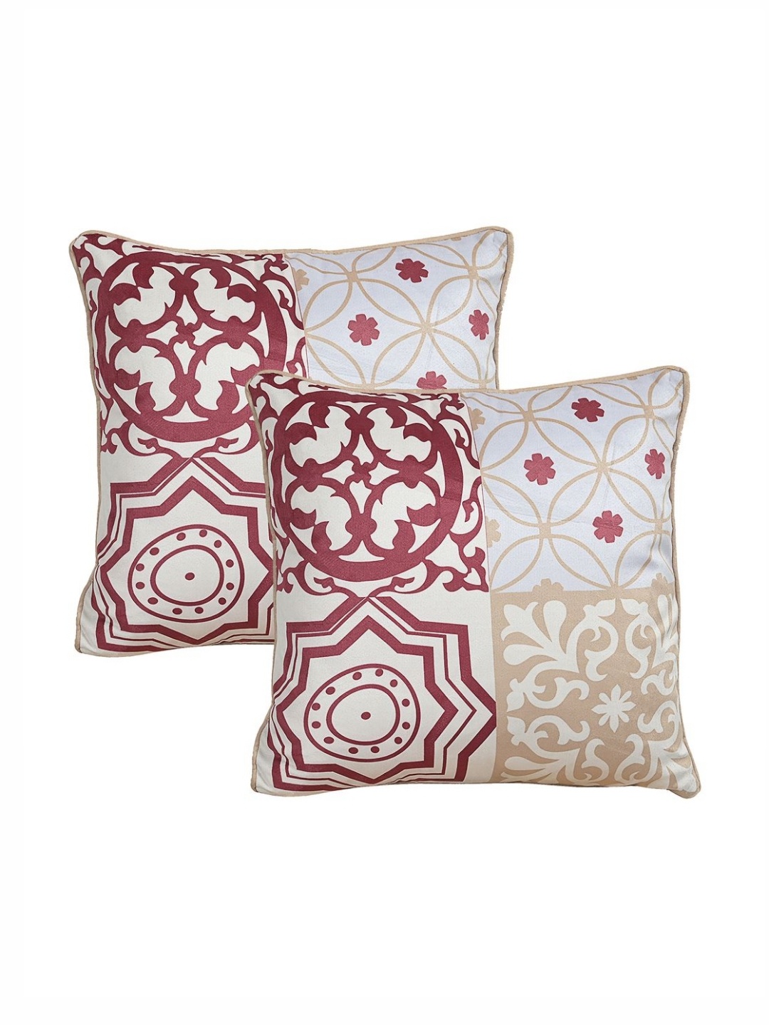 

Saral Home Beige & White 2 Pieces Ethnic Motifs Velvet Square Cushion Covers