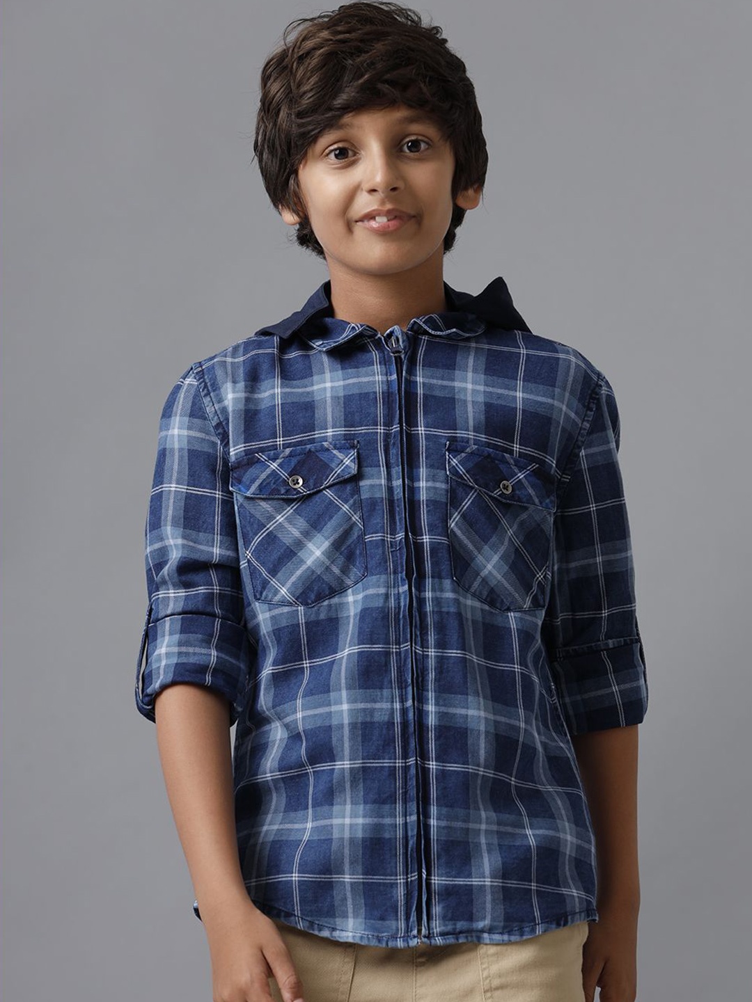 

UNDER FOURTEEN ONLY Boys Hood Tartan Checked Cotton Casual Shirt, Blue