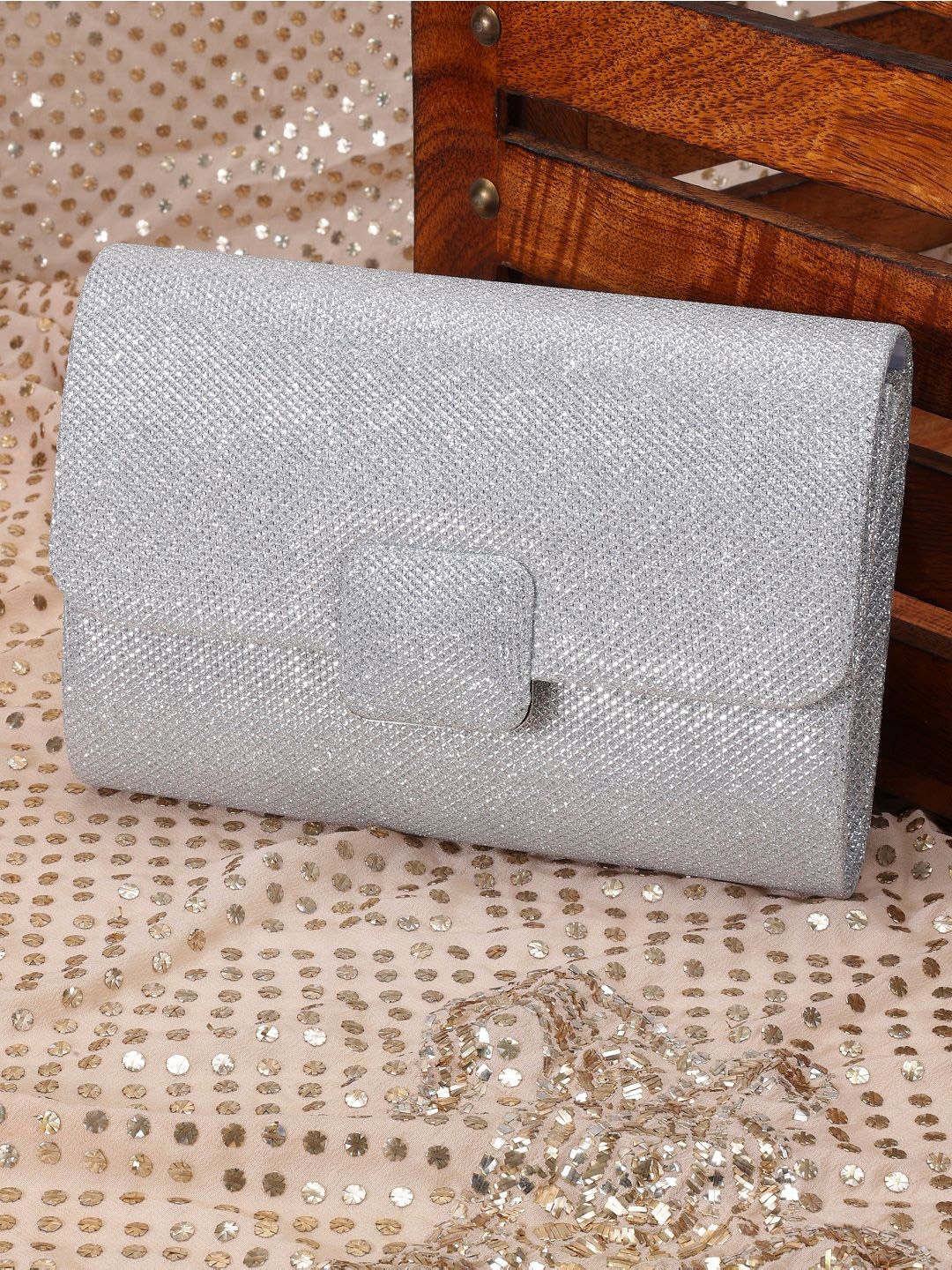 

SAZARA Embellished Shoulder Strap Foldover Clutch, Silver