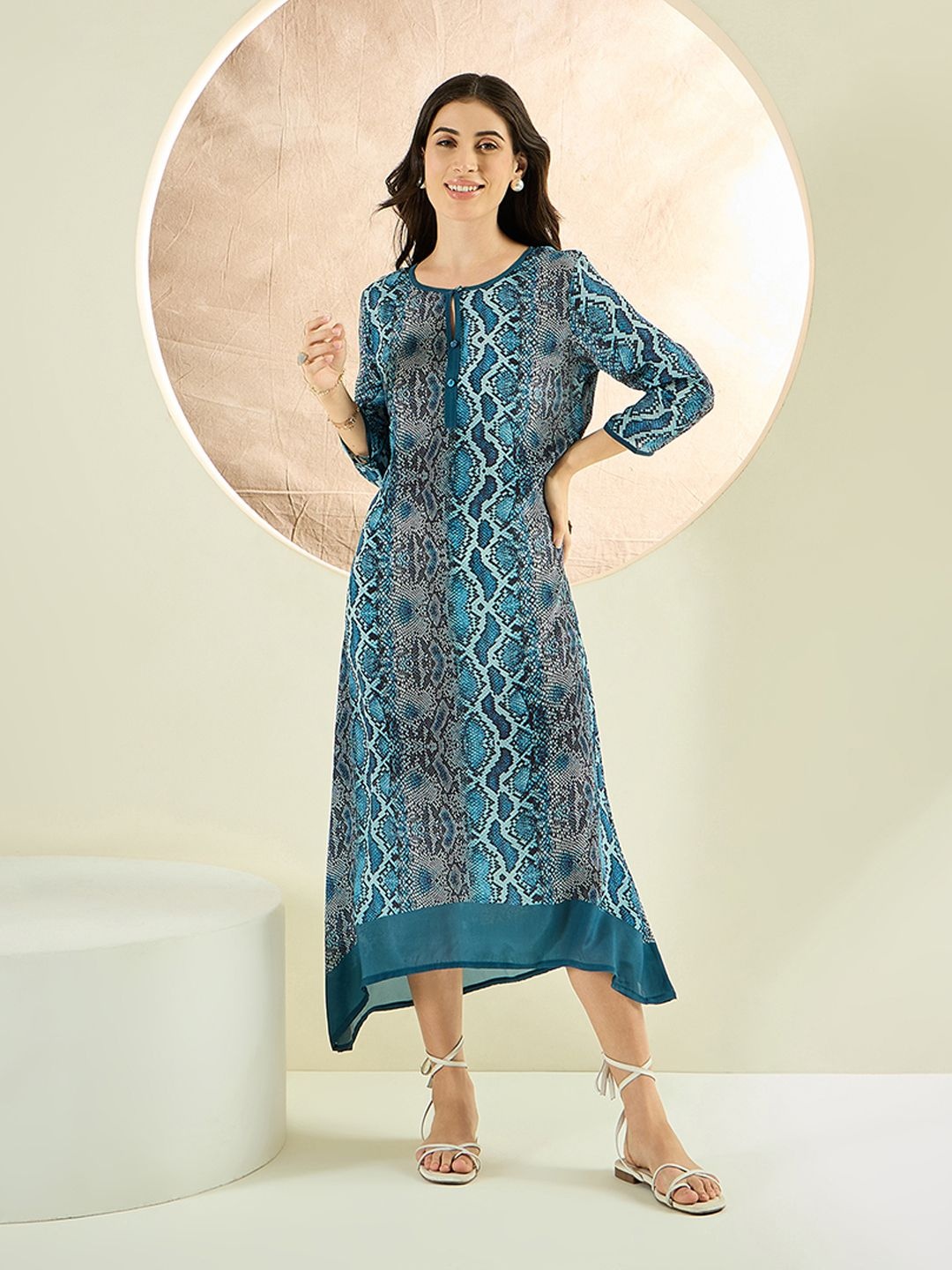 

First Resort by Ramola Bachchan Women Animal Print Crepe A-Line Midi Dress, Teal