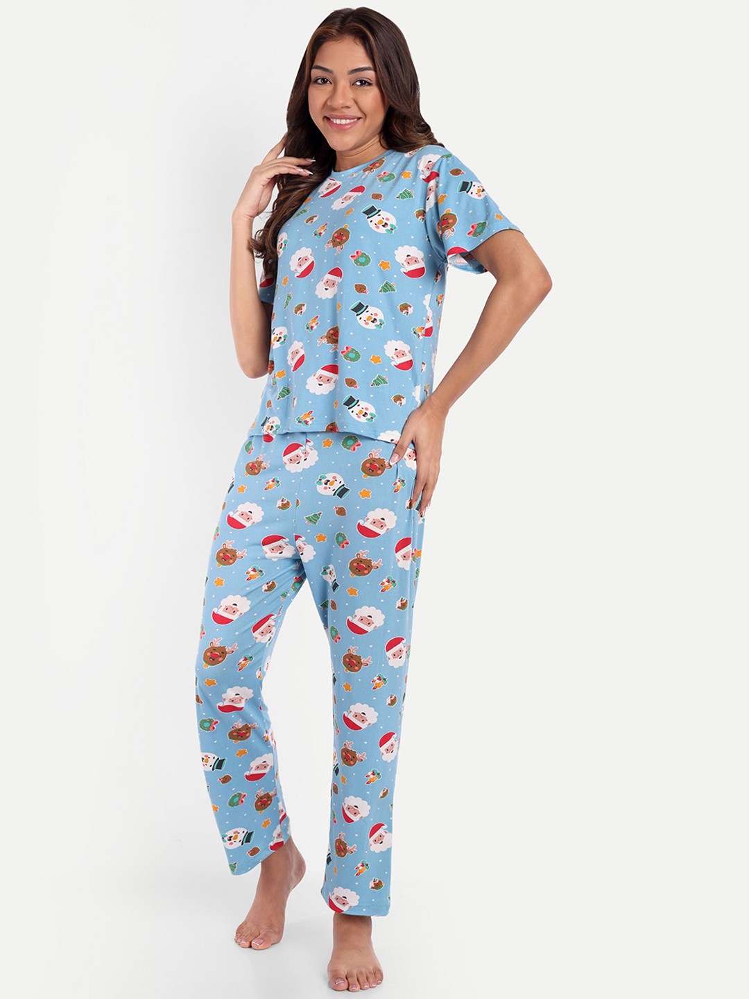 

HAUTEMODA Printed Top With Pyjama Night Suits, Blue